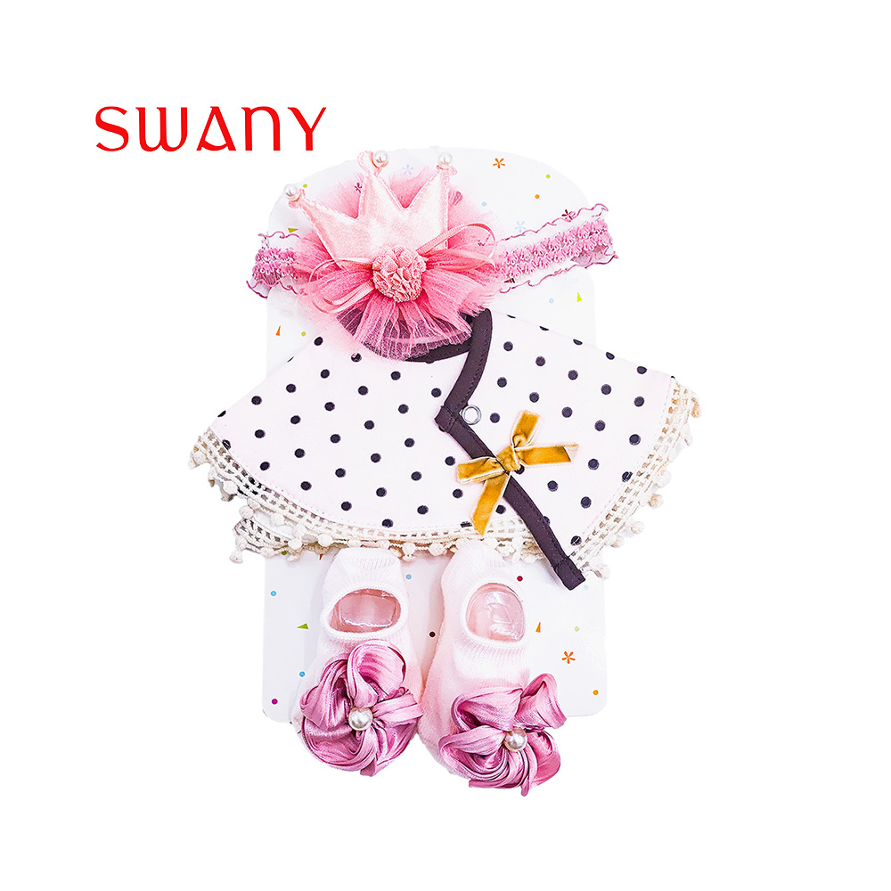 Baby Threepiece Combination of pink bow headbond Neckerchief with Black Dots Cotton Socks with Rose Pink 3D Ribbon Flowers.jpg