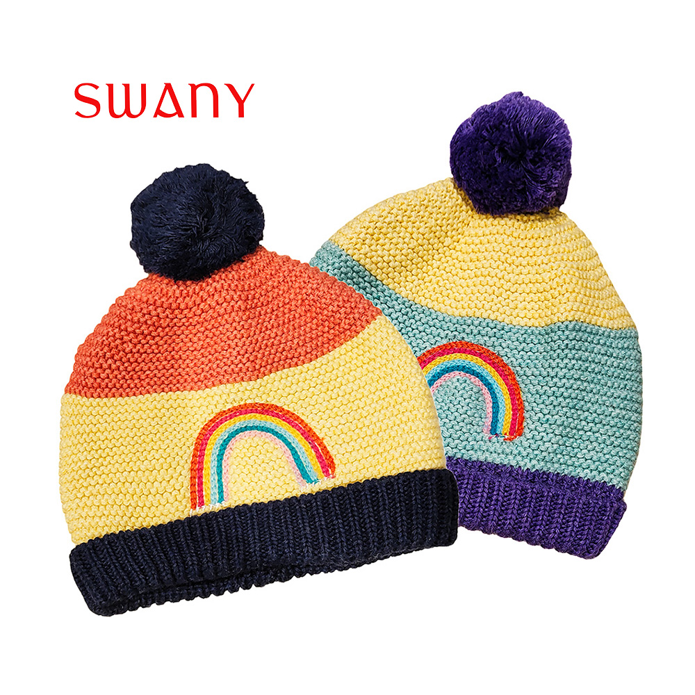 Kids Colored Rainbows Kintted Hats with  Blue Balls.jpg